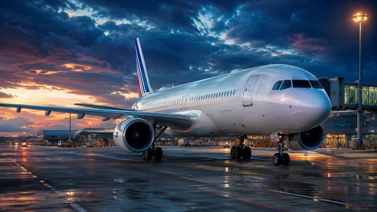 Aereo Air France a terra davanti all'aerostazione, che illustra il rimborso delle tasse Air France
