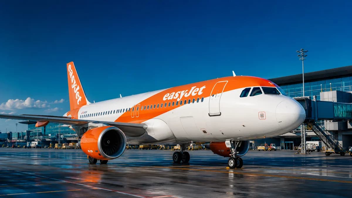 Aereo easyJet arancione a terra davanti all'aerostazione, che illustra il rimborso delle tasse easyJet