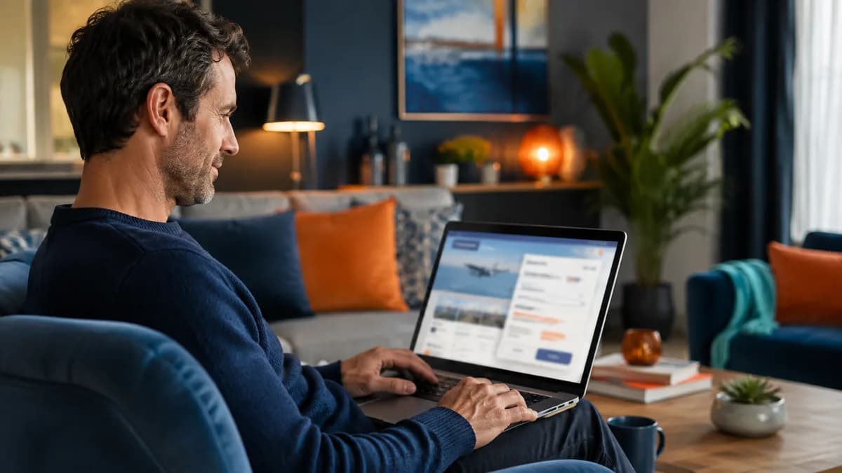 Uomo che prenota un biglietto aereo sul suo computer portatile dal divano, tramite un'agenzia o una OTA