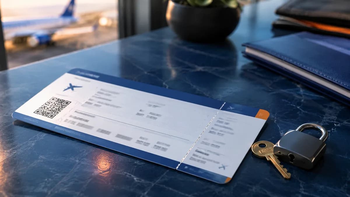 Biglietto aereo con un lucchetto e una chiave, che illustra un biglietto aereo non rimborsabile