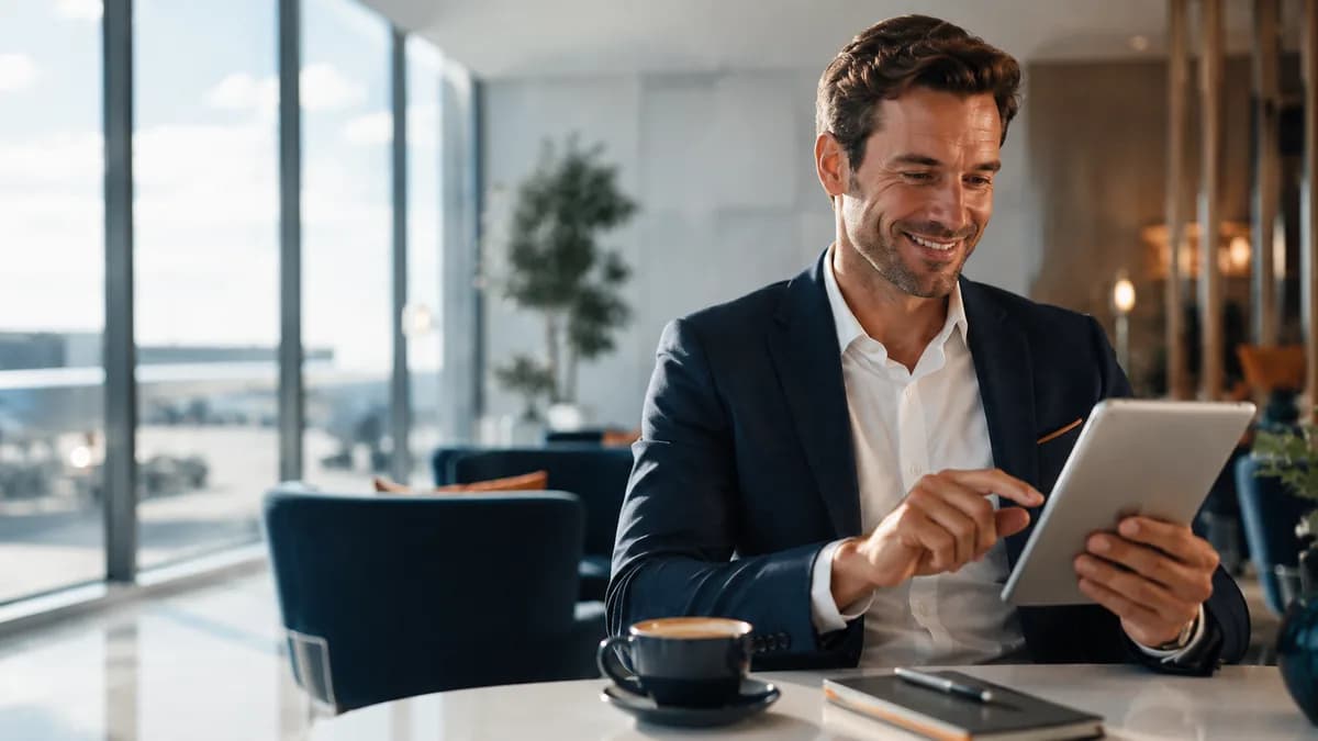 Uomo che consulta un tablet per capire la procedura di rimborso delle tasse aeree
