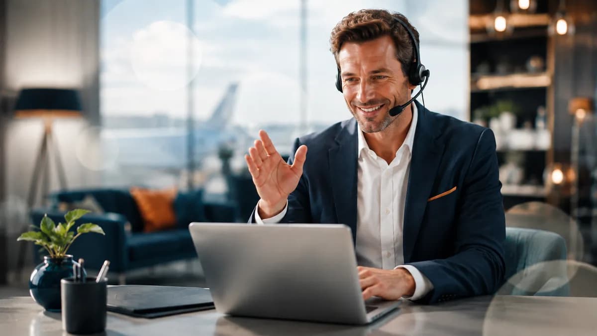 Consulente con cuffie che risponde alle domande frequenti sul rimborso delle tasse aeree