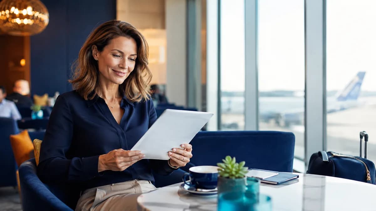 Donna che consulta un tablet in una lounge aeroportuale per accedere alle guide premium sul rimborso delle tasse
