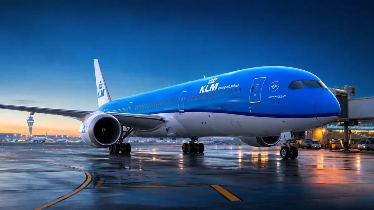 Aereo KLM a terra davanti all'aerostazione, che illustra il rimborso delle tasse KLM