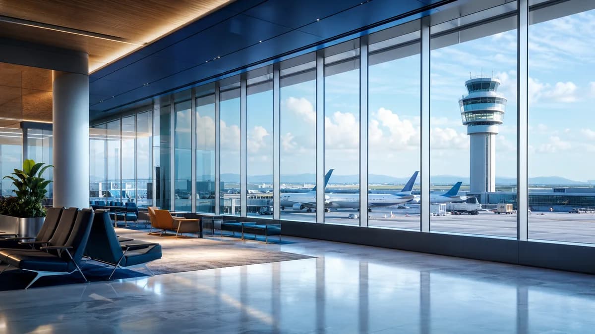 Terminal aeroportuale con vista sulla torre di controllo, che illustra il rimborso delle tasse aeroportuali