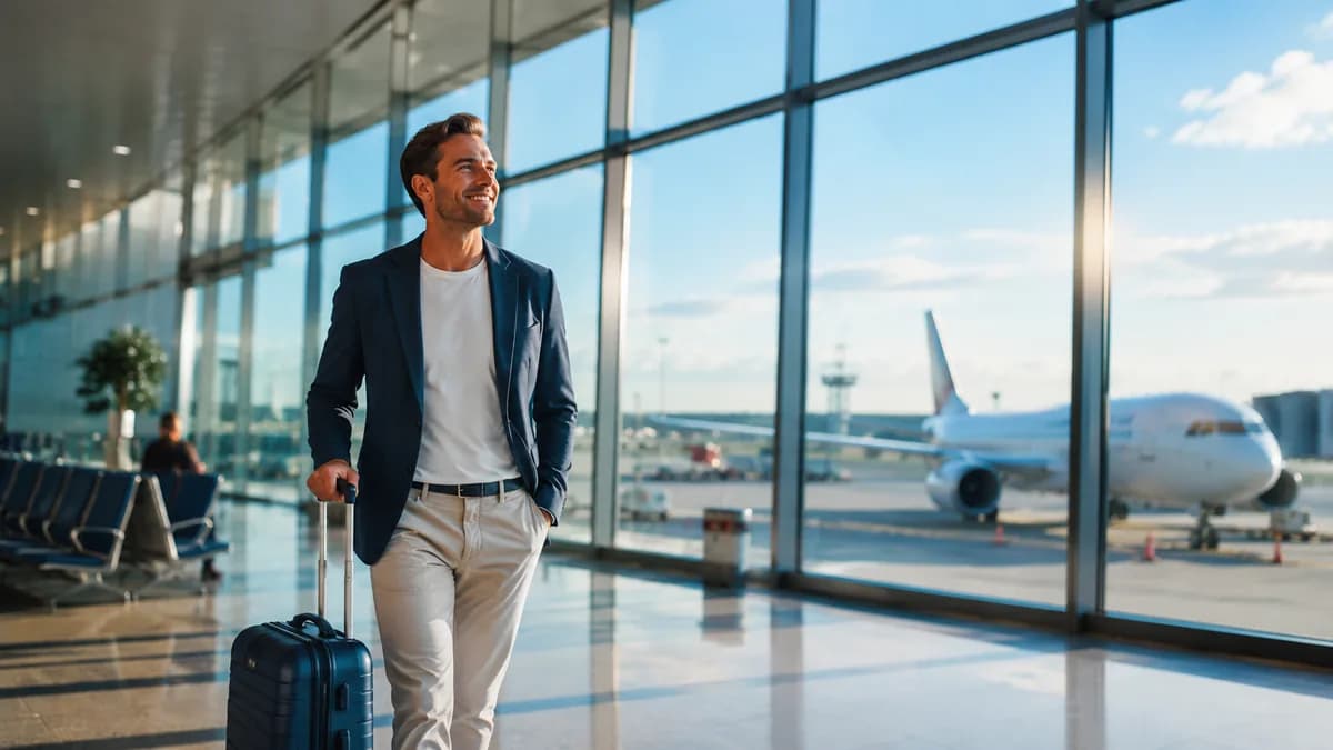 Viaggiatore con valigia in aeroporto, che illustra il rimborso delle tasse di un biglietto aereo non utilizzato