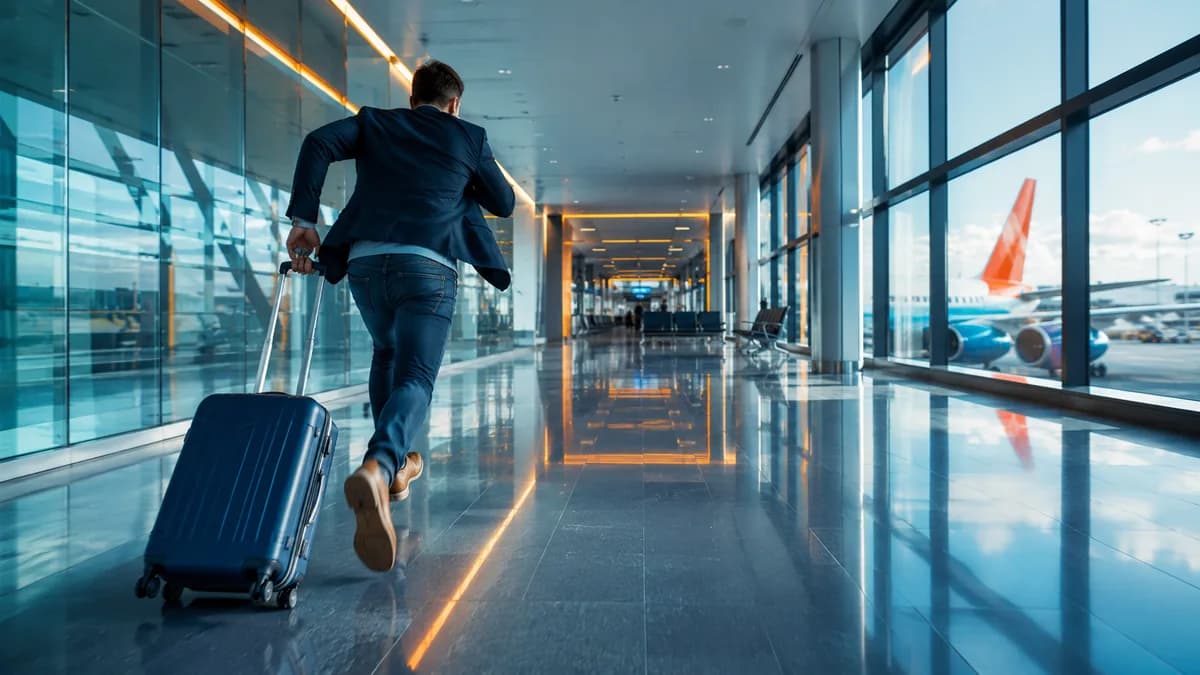 Uomo che corre con una valigia in aeroporto, che illustra un volo perso e la sua richiesta di rimborso delle tasse